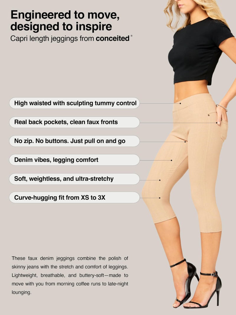 Conceited Capri Leggings - Jeggings for Women with Pockets - High Waist - Tummy Control Shaping - Regular and Plus Size - Beige Nude - Small - Medium - Image 2